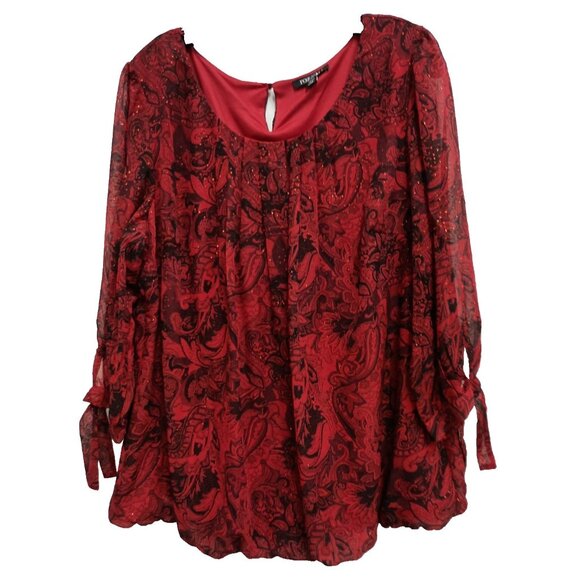 Roz & Ali Womens BOHO Whimsygoth Holiday Top Size 2X Red Floral Sparkly - Picture 1 of 10